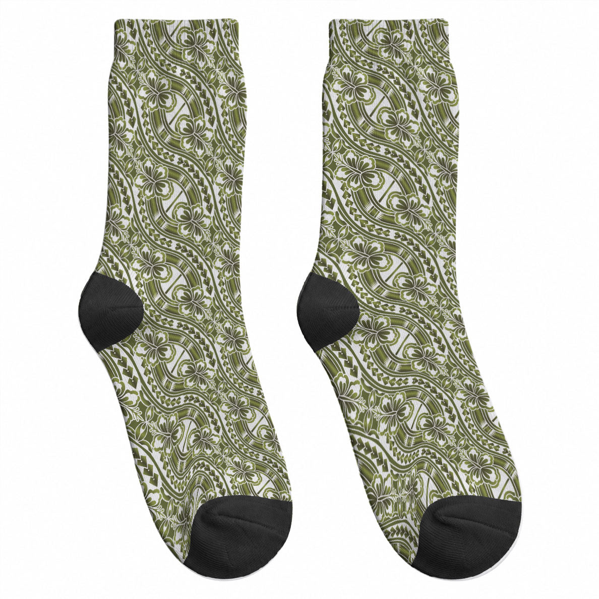 Hibiscus Bloom Island Tribal Waves Crew Socks Olive Green Polynesian Pattern