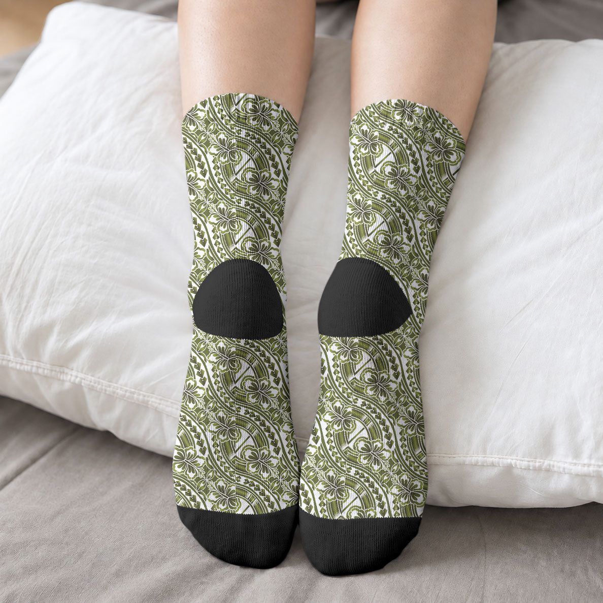 Hibiscus Bloom Island Tribal Waves Crew Socks Olive Green Polynesian Pattern