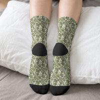 Hibiscus Bloom Island Tribal Waves Crew Socks Olive Green Polynesian Pattern