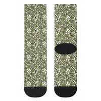 Hibiscus Bloom Island Tribal Waves Crew Socks Olive Green Polynesian Pattern
