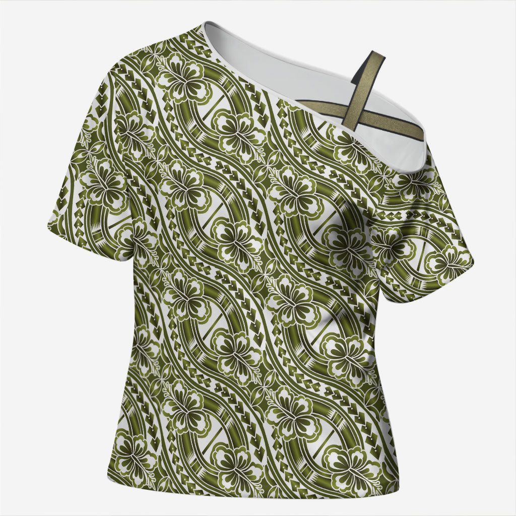 Hibiscus Bloom Island Tribal Waves Cross Shoulder Shirt Olive Green Polynesian Pattern