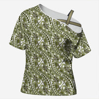 Hibiscus Bloom Island Tribal Waves Cross Shoulder Shirt Olive Green Polynesian Pattern