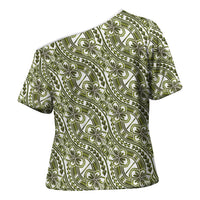 Hibiscus Bloom Island Tribal Waves Cross Shoulder Shirt Olive Green Polynesian Pattern