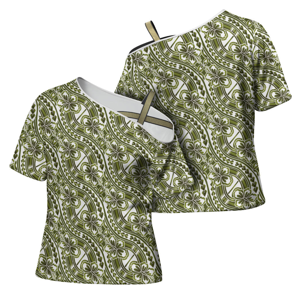 Hibiscus Bloom Island Tribal Waves Cross Shoulder Shirt Olive Green Polynesian Pattern