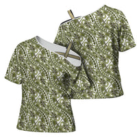 Hibiscus Bloom Island Tribal Waves Cross Shoulder Shirt Olive Green Polynesian Pattern