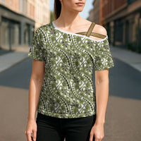 Hibiscus Bloom Island Tribal Waves Cross Shoulder Shirt Olive Green Polynesian Pattern