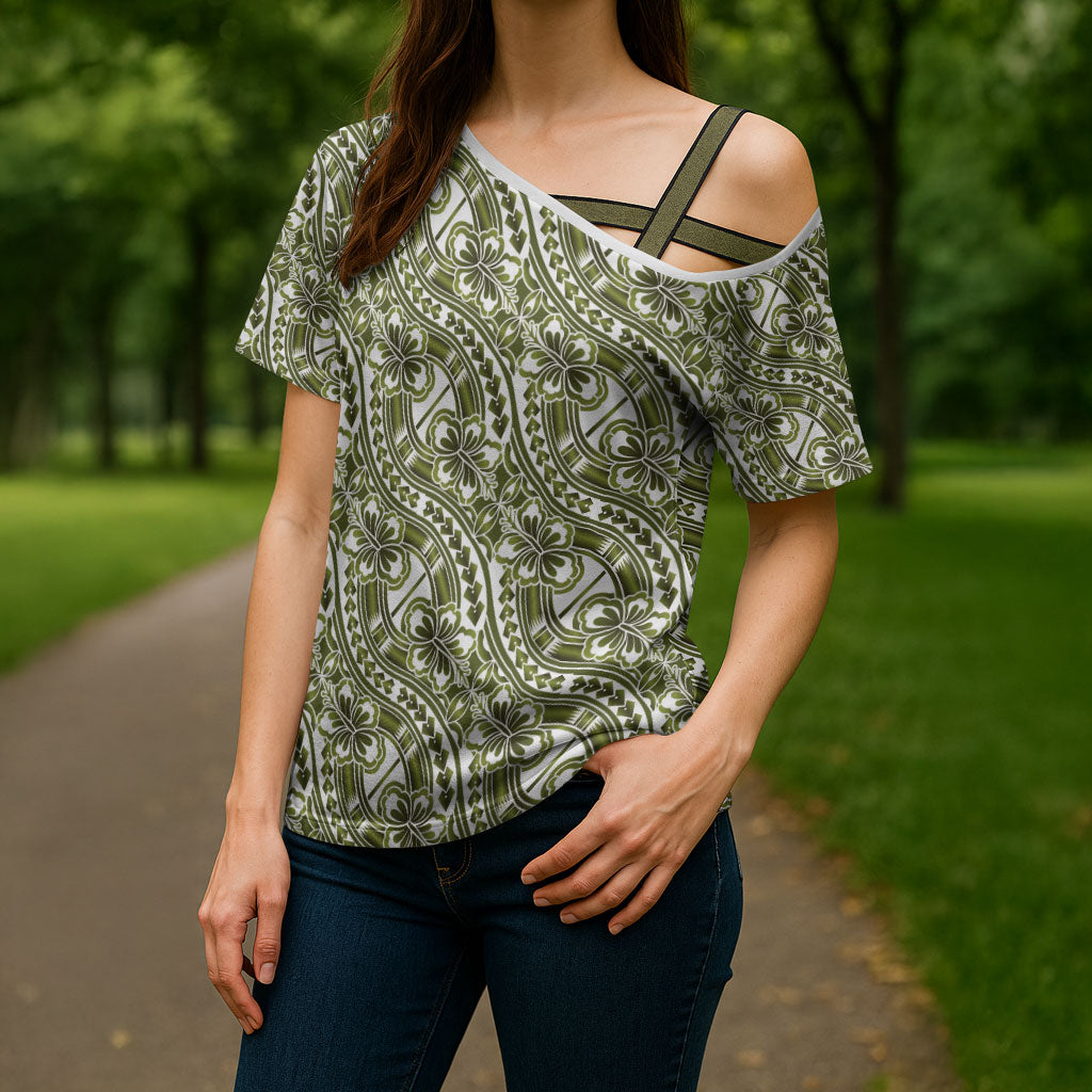 Hibiscus Bloom Island Tribal Waves Cross Shoulder Shirt Olive Green Polynesian Pattern