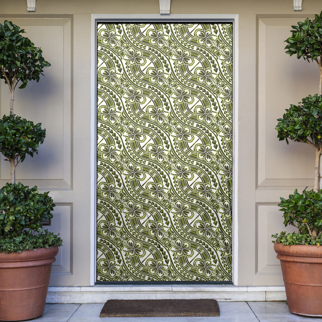 Hibiscus Bloom Island Tribal Waves Door Cover Olive Green Polynesian Pattern