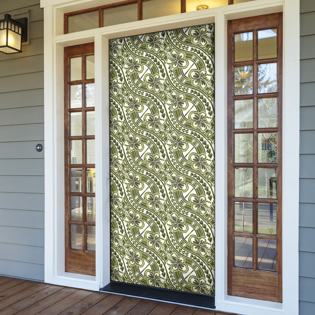 Hibiscus Bloom Island Tribal Waves Door Cover Olive Green Polynesian Pattern