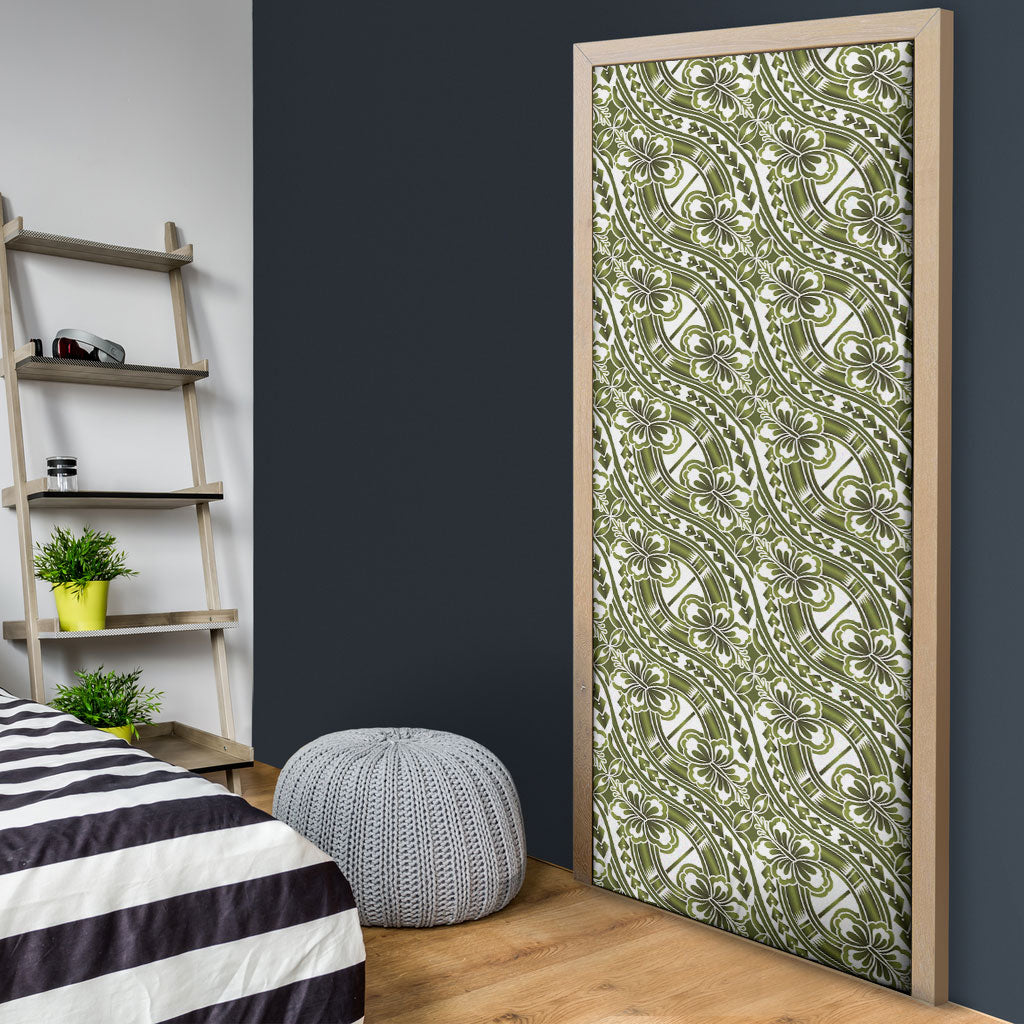 Hibiscus Bloom Island Tribal Waves Door Cover Olive Green Polynesian Pattern