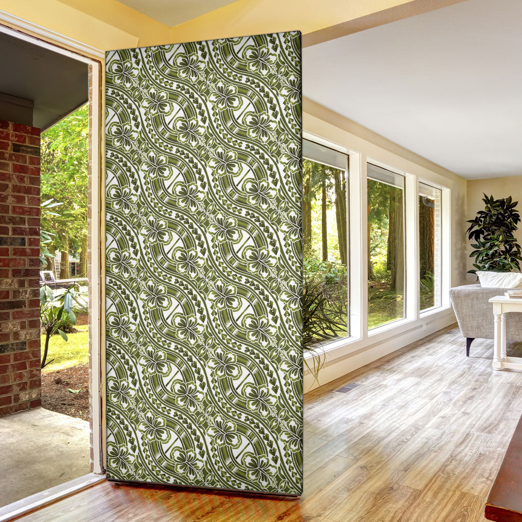 Hibiscus Bloom Island Tribal Waves Door Cover Olive Green Polynesian Pattern