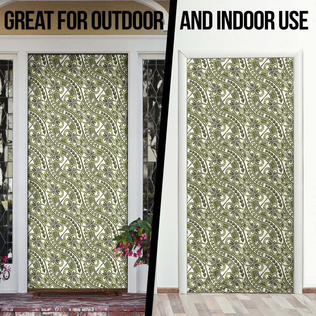 Hibiscus Bloom Island Tribal Waves Door Cover Olive Green Polynesian Pattern
