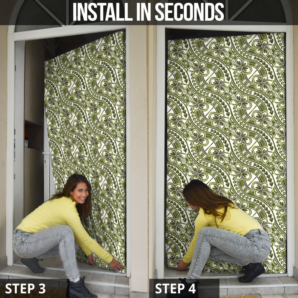 Hibiscus Bloom Island Tribal Waves Door Cover Olive Green Polynesian Pattern