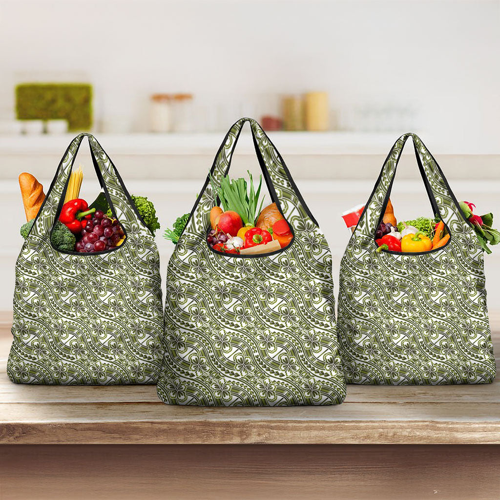 Hibiscus Bloom Island Tribal Waves Grocery Bag Olive Green Polynesian Pattern