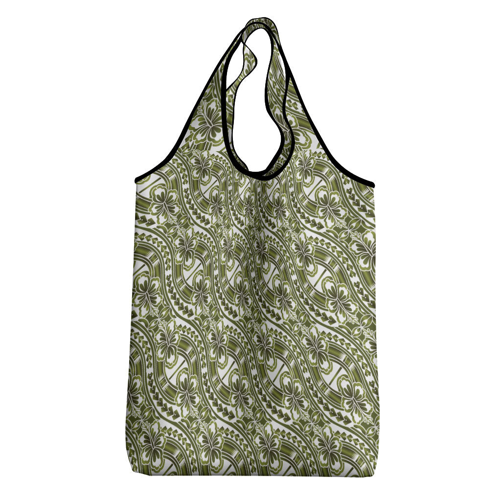 Hibiscus Bloom Island Tribal Waves Grocery Bag Olive Green Polynesian Pattern