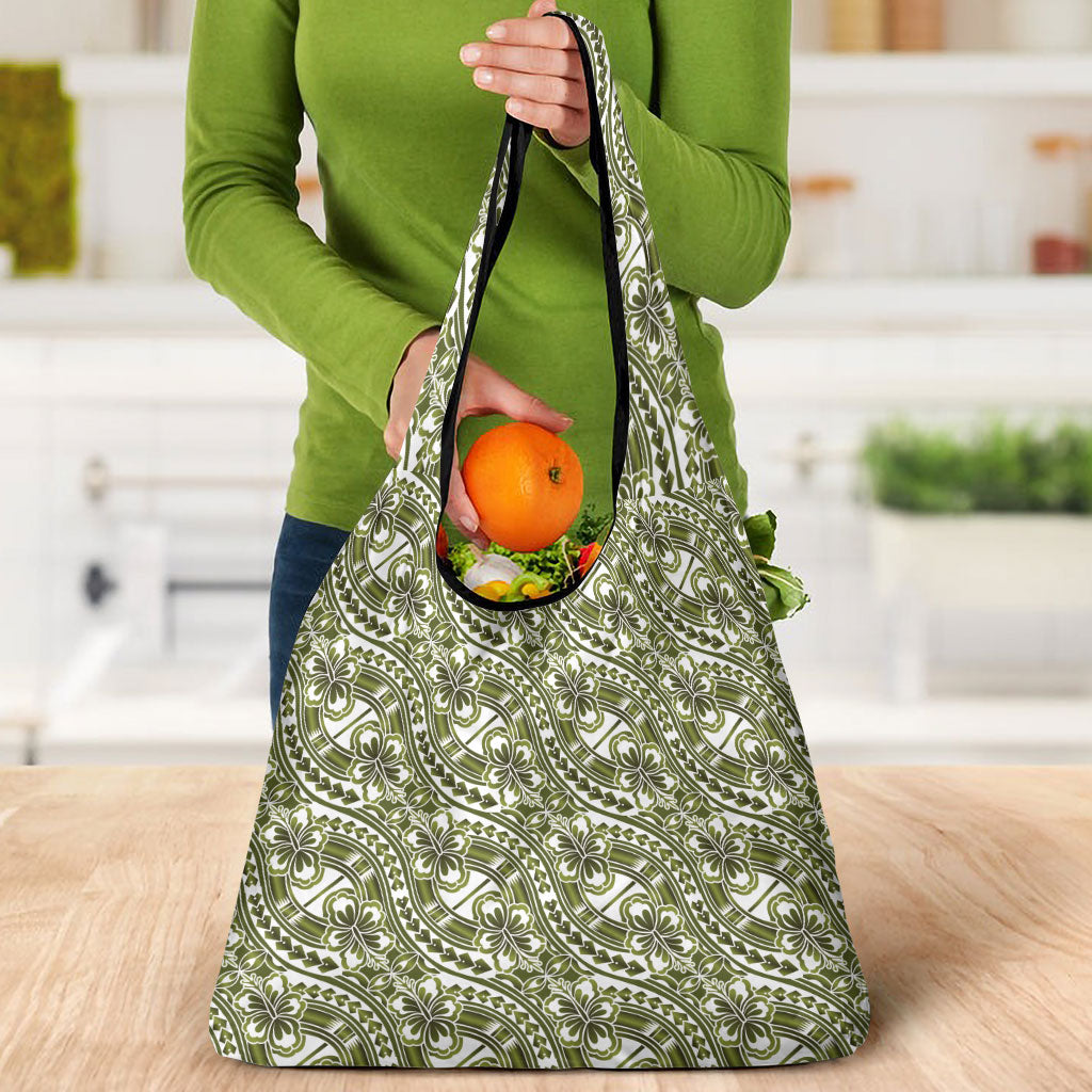 Hibiscus Bloom Island Tribal Waves Grocery Bag Olive Green Polynesian Pattern