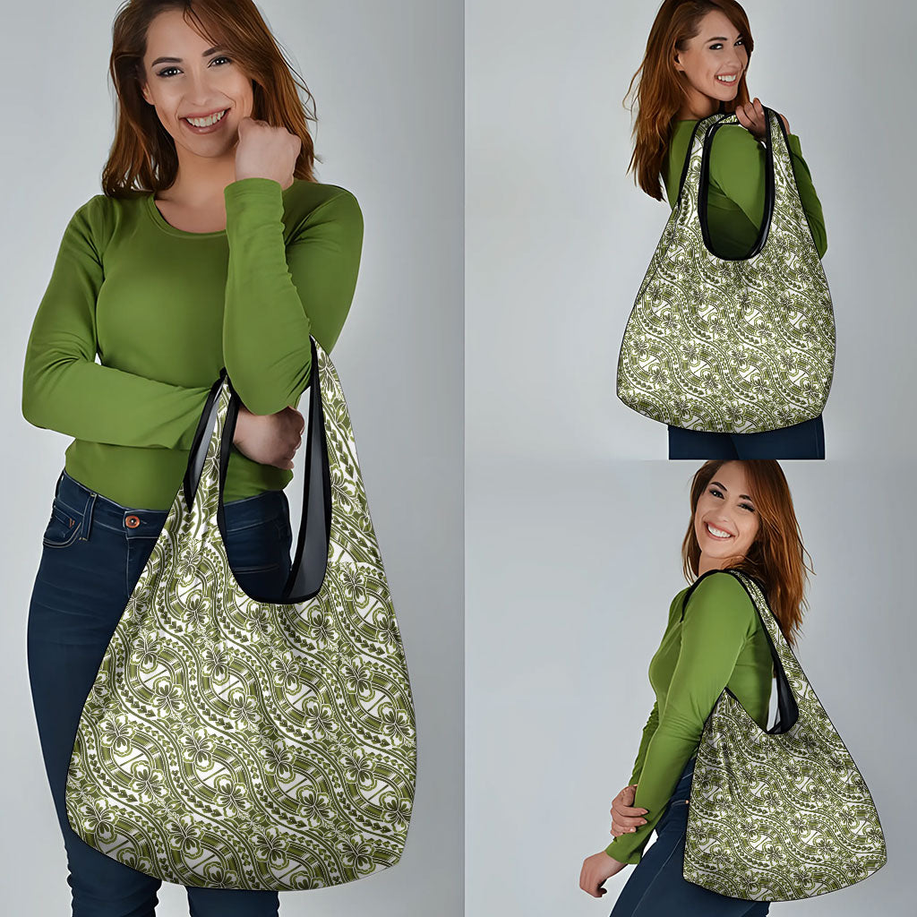 Hibiscus Bloom Island Tribal Waves Grocery Bag Olive Green Polynesian Pattern