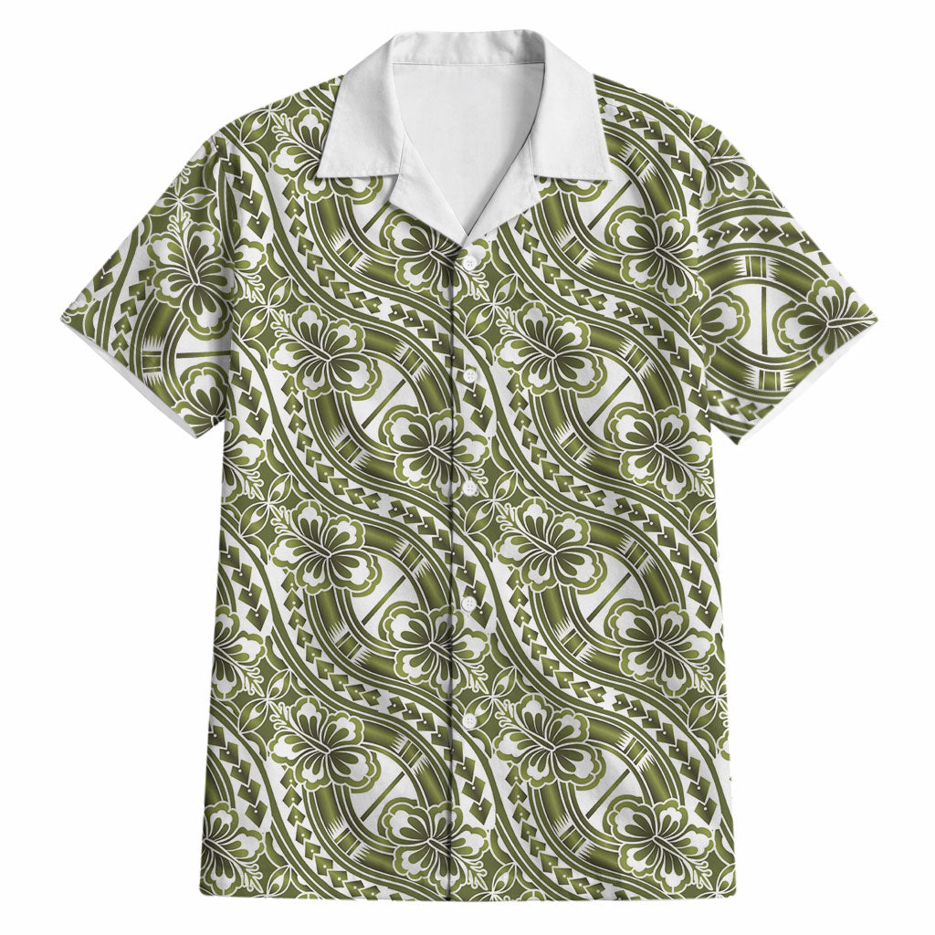 Hibiscus Bloom Island Tribal Waves Hawaiian Shirt Olive Green Polynesian Pattern