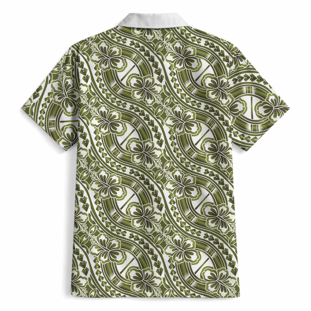 Hibiscus Bloom Island Tribal Waves Hawaiian Shirt Olive Green Polynesian Pattern