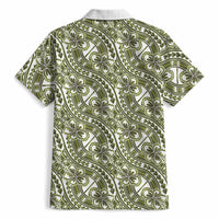 Hibiscus Bloom Island Tribal Waves Hawaiian Shirt Olive Green Polynesian Pattern