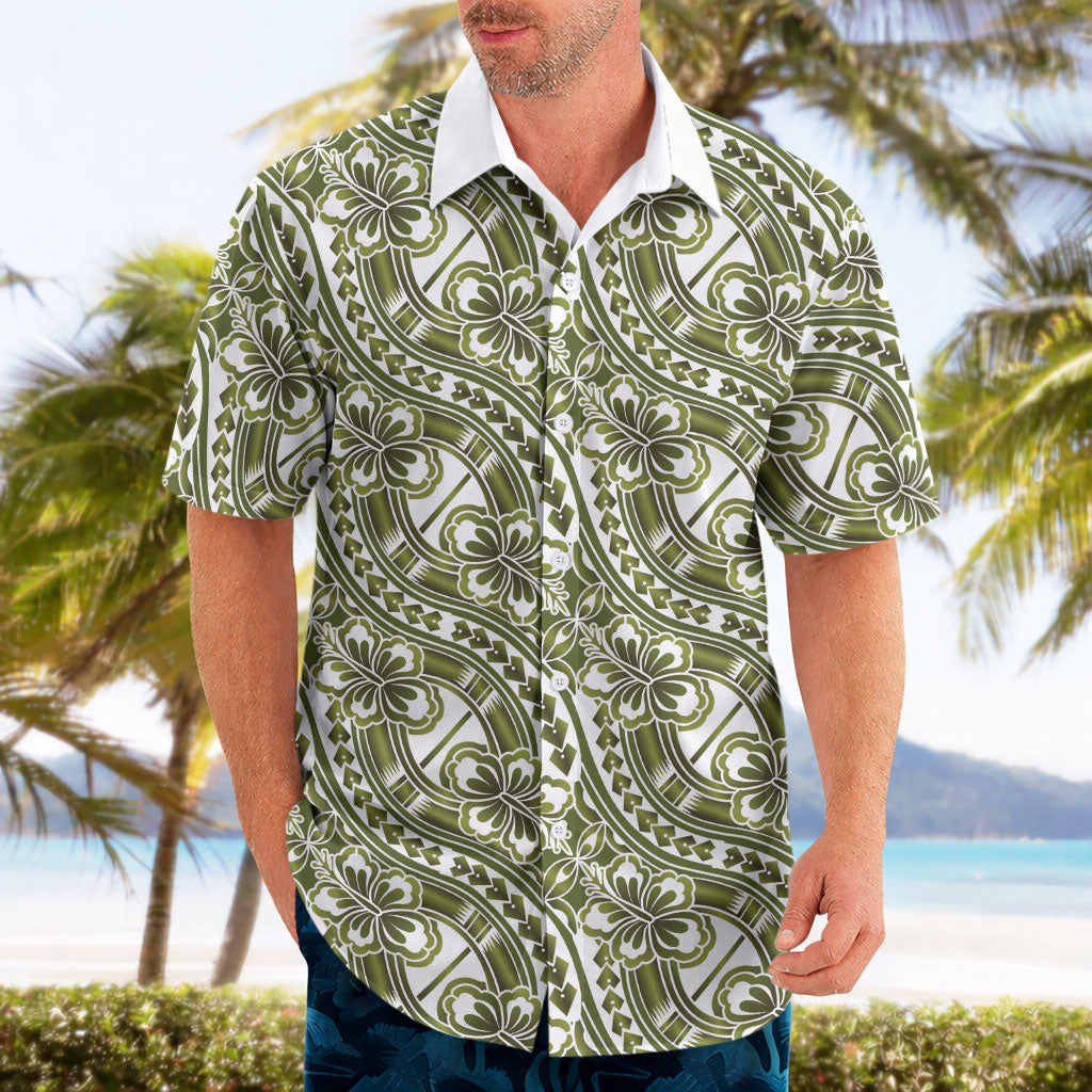 Hibiscus Bloom Island Tribal Waves Hawaiian Shirt Olive Green Polynesian Pattern