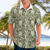 Hibiscus Bloom Island Tribal Waves Hawaiian Shirt Olive Green Polynesian Pattern