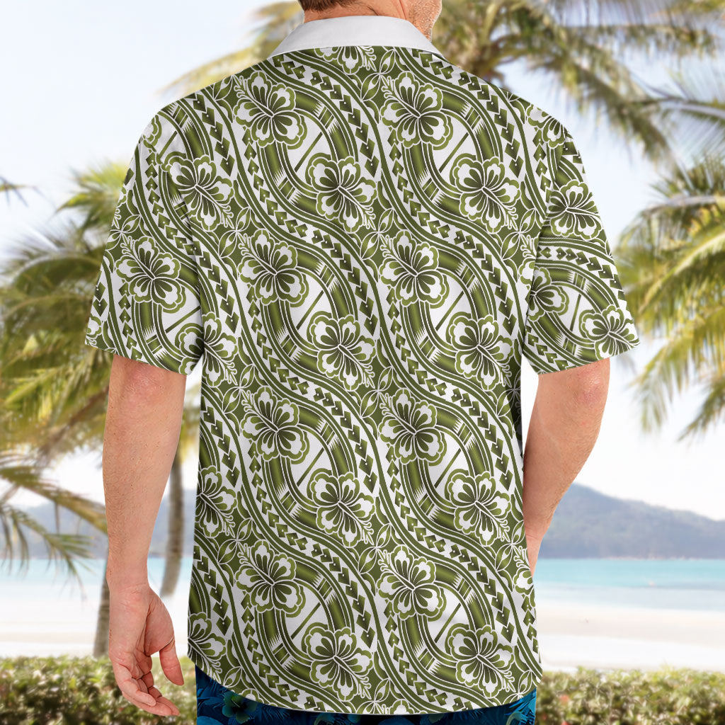 Hibiscus Bloom Island Tribal Waves Hawaiian Shirt Olive Green Polynesian Pattern