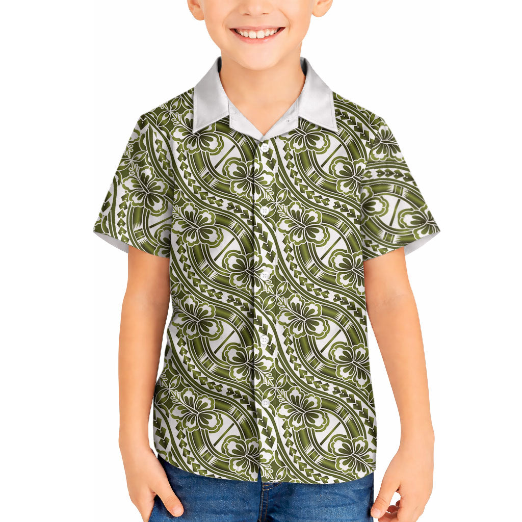 Hibiscus Bloom Island Tribal Waves Hawaiian Shirt Olive Green Polynesian Pattern