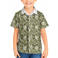 Hibiscus Bloom Island Tribal Waves Hawaiian Shirt Olive Green Polynesian Pattern