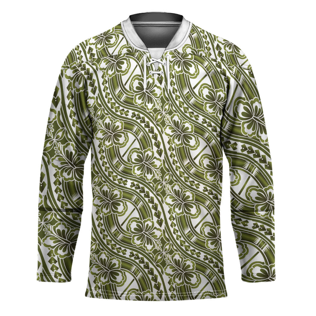 Hibiscus Bloom Island Tribal Waves Hockey Jersey Olive Green Polynesian Pattern