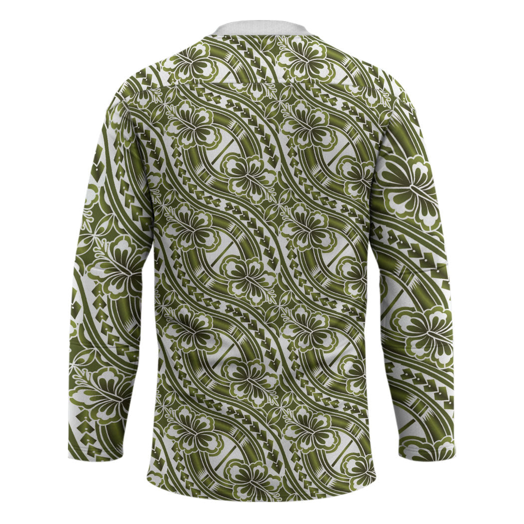 Hibiscus Bloom Island Tribal Waves Hockey Jersey Olive Green Polynesian Pattern