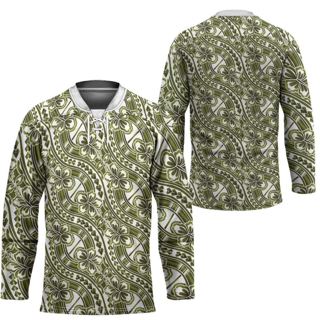 Hibiscus Bloom Island Tribal Waves Hockey Jersey Olive Green Polynesian Pattern