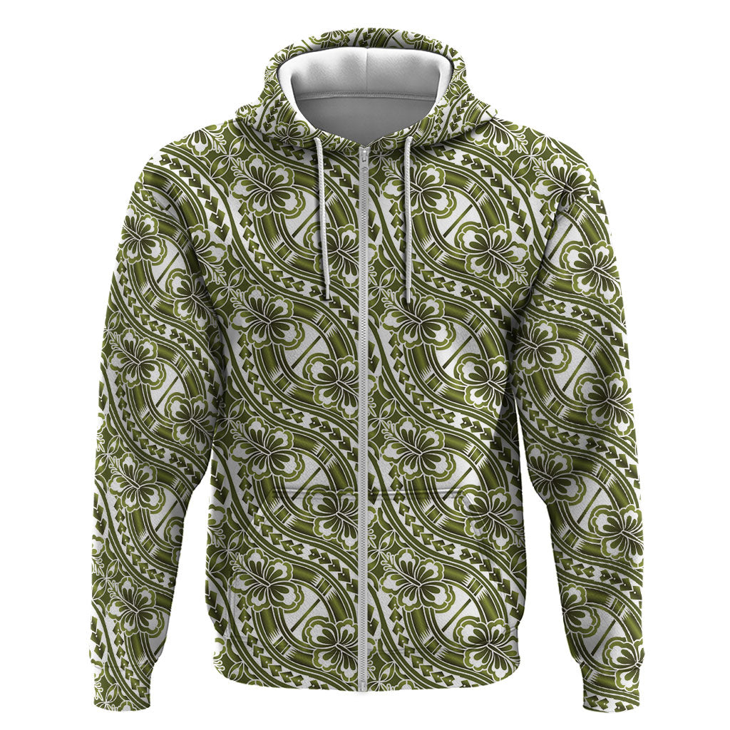 Hibiscus Bloom Island Tribal Waves Hoodie Olive Green Polynesian Pattern LT01 Zip Hoodie Olive Green - Polynesian Pride