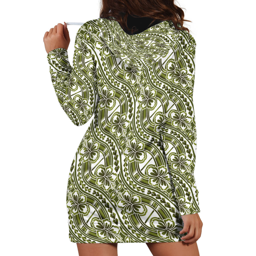 Hibiscus Bloom Island Tribal Waves Hoodie Dress Olive Green Polynesian Pattern LT01 - Polynesian Pride