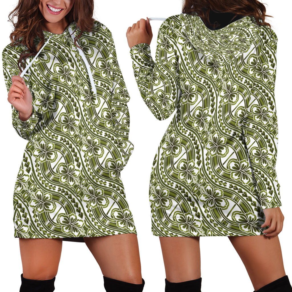 Hibiscus Bloom Island Tribal Waves Hoodie Dress Olive Green Polynesian Pattern LT01 - Polynesian Pride