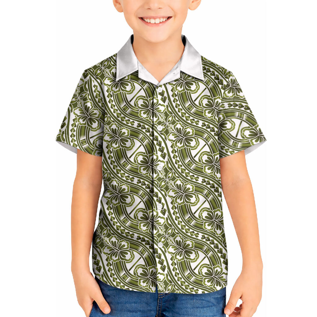 Hibiscus Bloom Island Tribal Waves Kid Hawaiian Shirt Olive Green Polynesian Pattern LT01 Kid Olive Green - Polynesian Pride