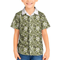 Hibiscus Bloom Island Tribal Waves Kid Hawaiian Shirt Olive Green Polynesian Pattern LT01 Kid Olive Green - Polynesian Pride