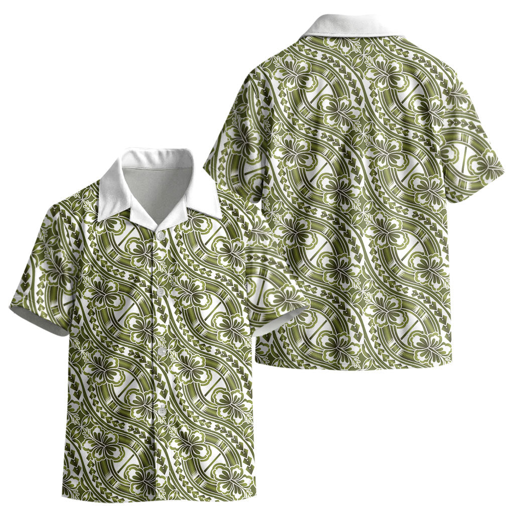 Hibiscus Bloom Island Tribal Waves Kid Hawaiian Shirt Olive Green Polynesian Pattern LT01 - Polynesian Pride