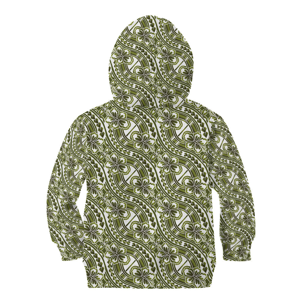 Hibiscus Bloom Island Tribal Waves Kid Hoodie Olive Green Polynesian Pattern