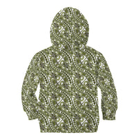 Hibiscus Bloom Island Tribal Waves Kid Hoodie Olive Green Polynesian Pattern