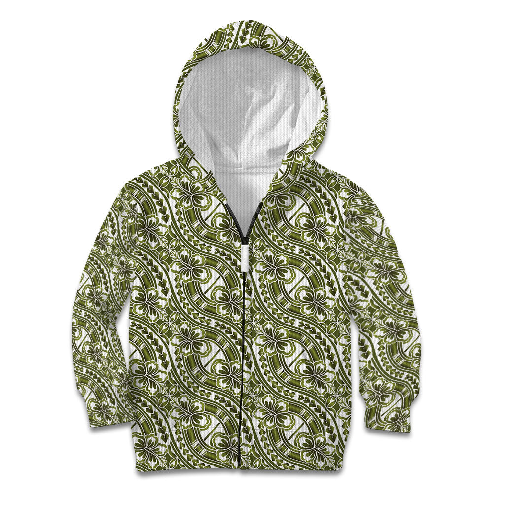 Hibiscus Bloom Island Tribal Waves Kid Hoodie Olive Green Polynesian Pattern