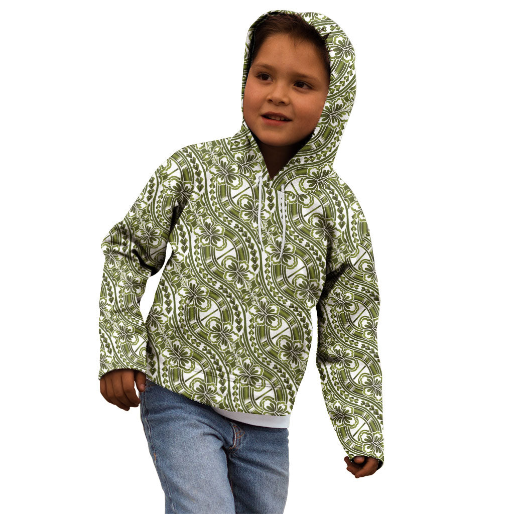 Hibiscus Bloom Island Tribal Waves Kid Hoodie Olive Green Polynesian Pattern