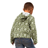 Hibiscus Bloom Island Tribal Waves Kid Hoodie Olive Green Polynesian Pattern