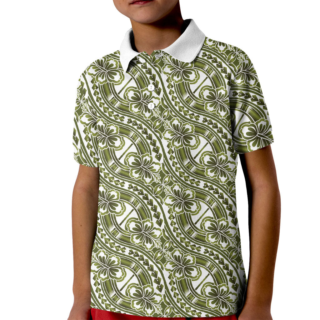 Hibiscus Bloom Island Tribal Waves Kid Polo Shirt Olive Green Polynesian Pattern