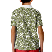 Hibiscus Bloom Island Tribal Waves Kid Polo Shirt Olive Green Polynesian Pattern