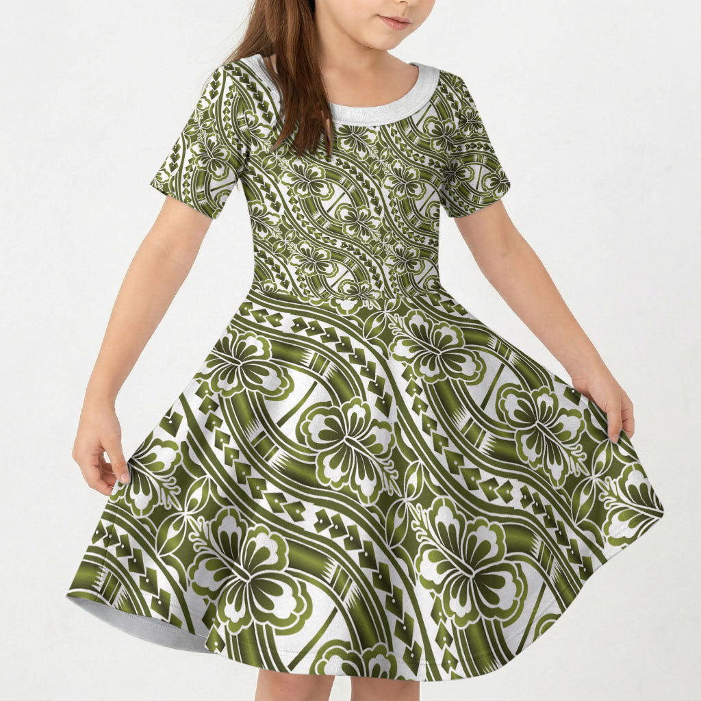 Hibiscus Bloom Island Tribal Waves Kid Short Sleeve Dress Olive Green Polynesian Pattern LT01 KID Olive Green - Polynesian Pride