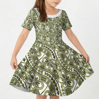 Hibiscus Bloom Island Tribal Waves Kid Short Sleeve Dress Olive Green Polynesian Pattern LT01 KID Olive Green - Polynesian Pride