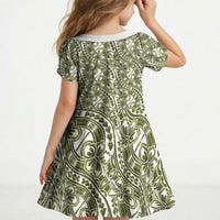 Hibiscus Bloom Island Tribal Waves Kid Short Sleeve Dress Olive Green Polynesian Pattern LT01 - Polynesian Pride