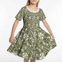 Hibiscus Bloom Island Tribal Waves Kid Short Sleeve Dress Olive Green Polynesian Pattern LT01 - Polynesian Pride