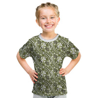Hibiscus Bloom Island Tribal Waves Kid T Shirt Olive Green Polynesian Pattern